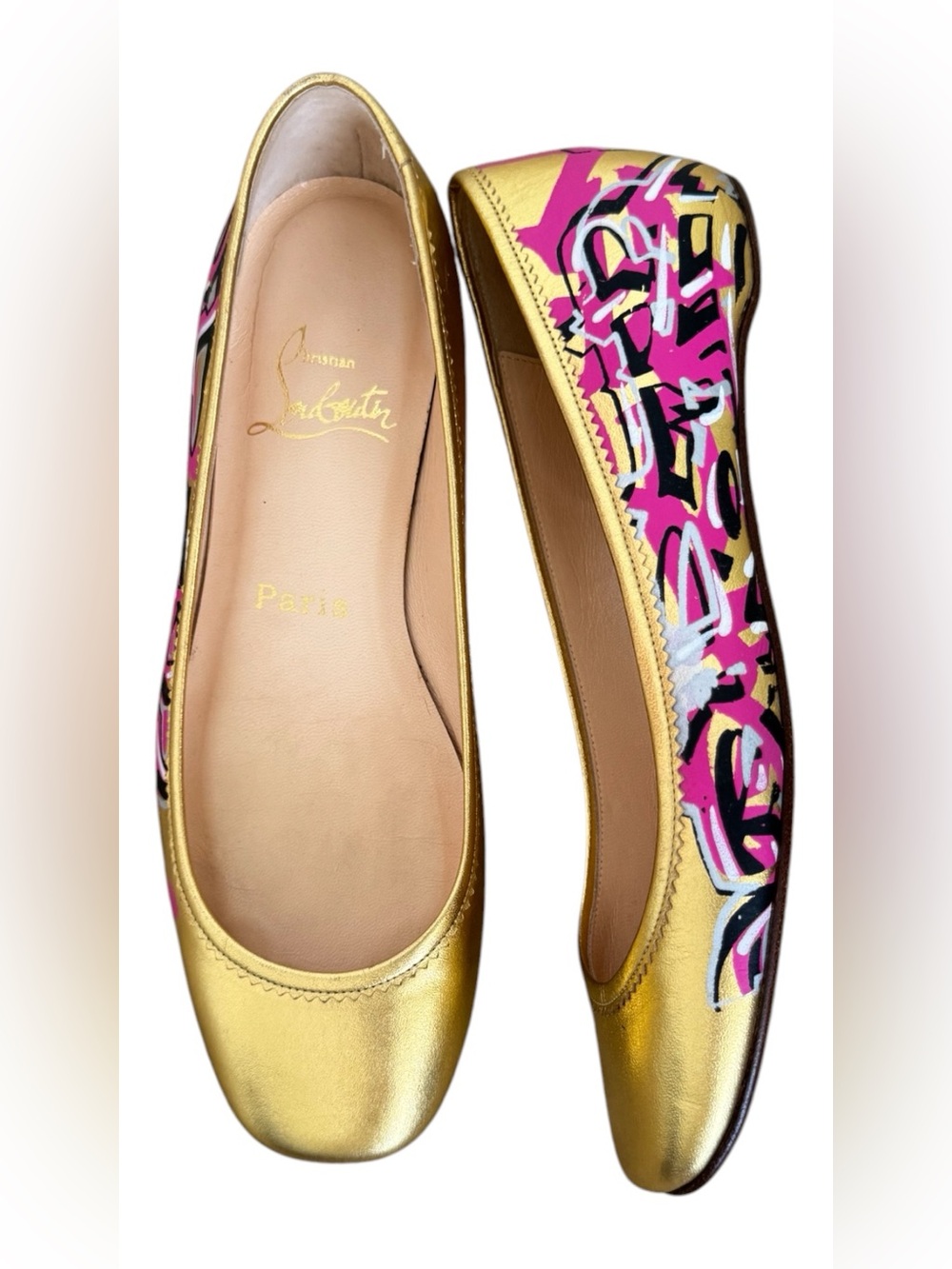 Christian Louboutin Metallic Gold Ballet Flats with Pink & Black Graffiti